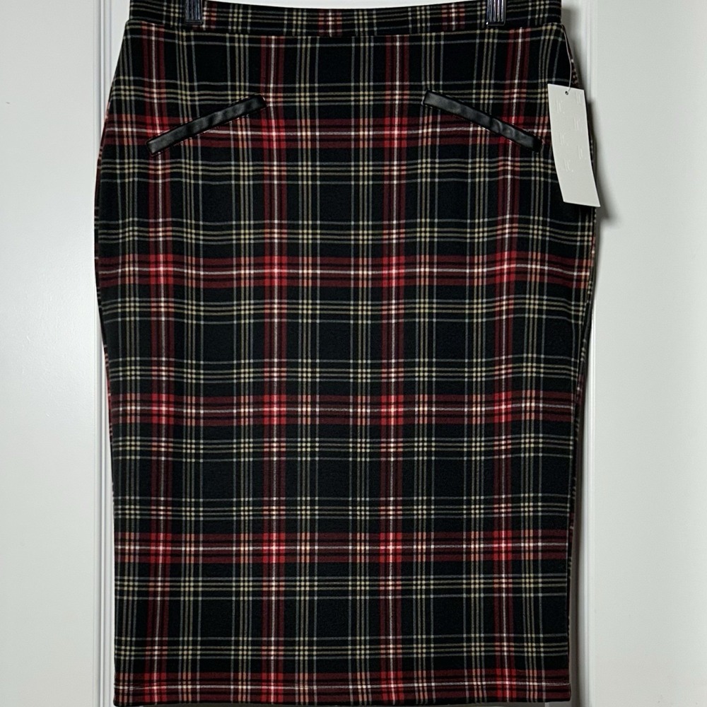 Jules & Leopold‎ Red Black Tartan Plaid Preppy Pencil Faux Leather Trim Skirt